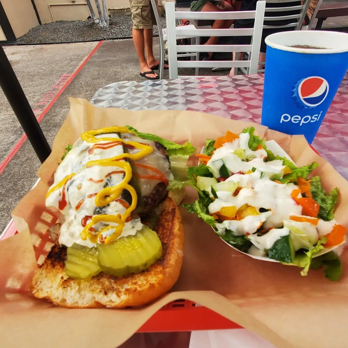 Roasted Poblano Pepperjack Cheeseburger with Side Salad