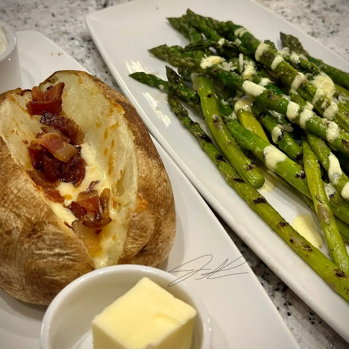 Loaded Baked Potato and Asparagus