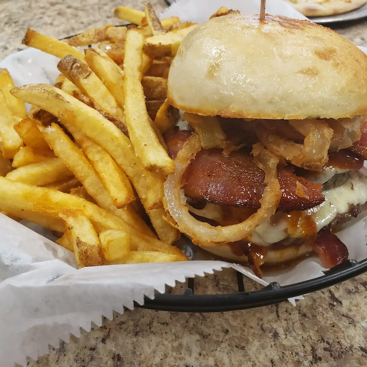 BBQ Bacon Burger and Fries