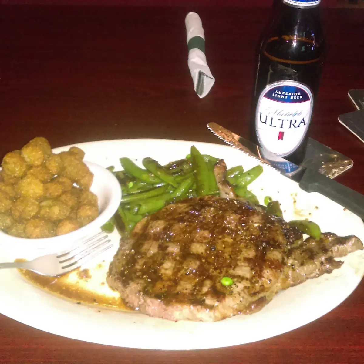 Ribeye with Green Beans and Fried Okra