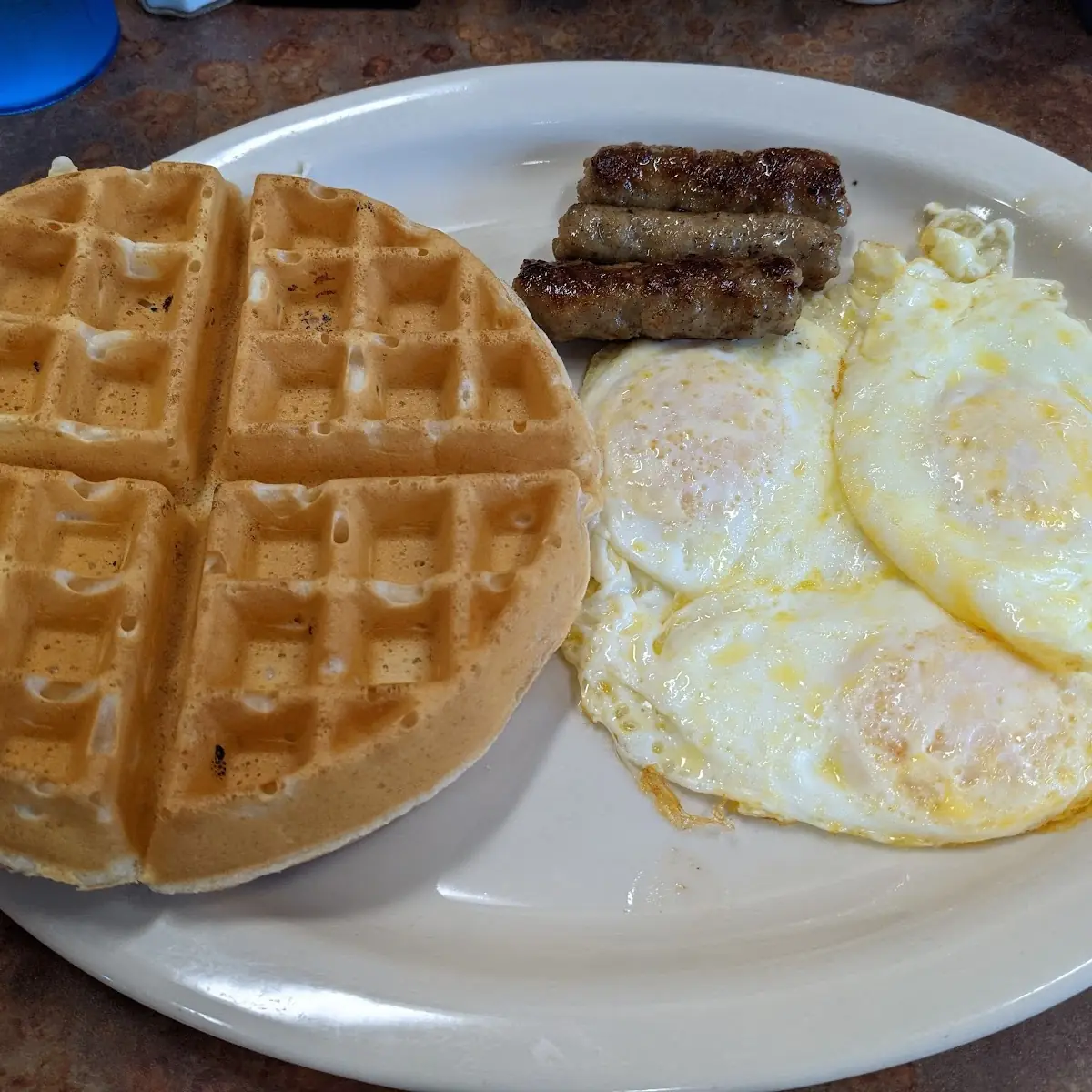 Blueberry Belgian Waffle Sausage Links & Eggs