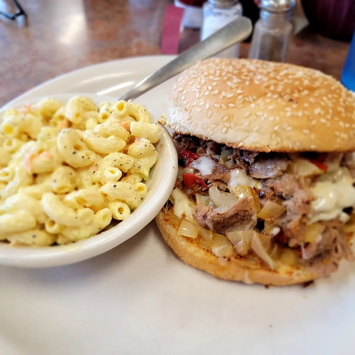 Philly Cheese Steak with Mac Salad