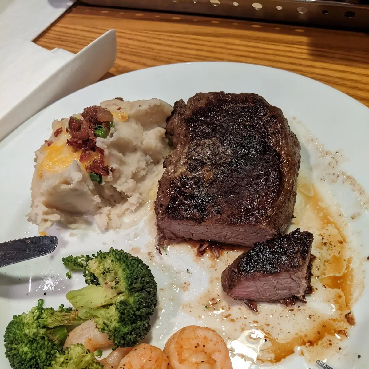 Sirloin Shrimp Loaded Mashed Potatoes and Broccoli