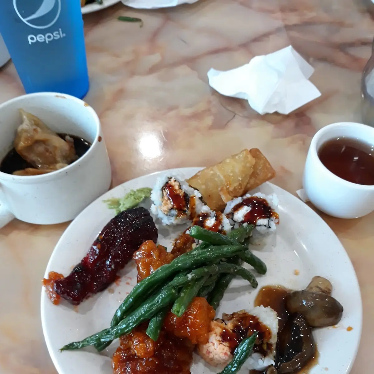 Sweet Sour Chicken Sushi Garlic String Beans Egg Roll Chinese BBQ Pork Ribs Etc