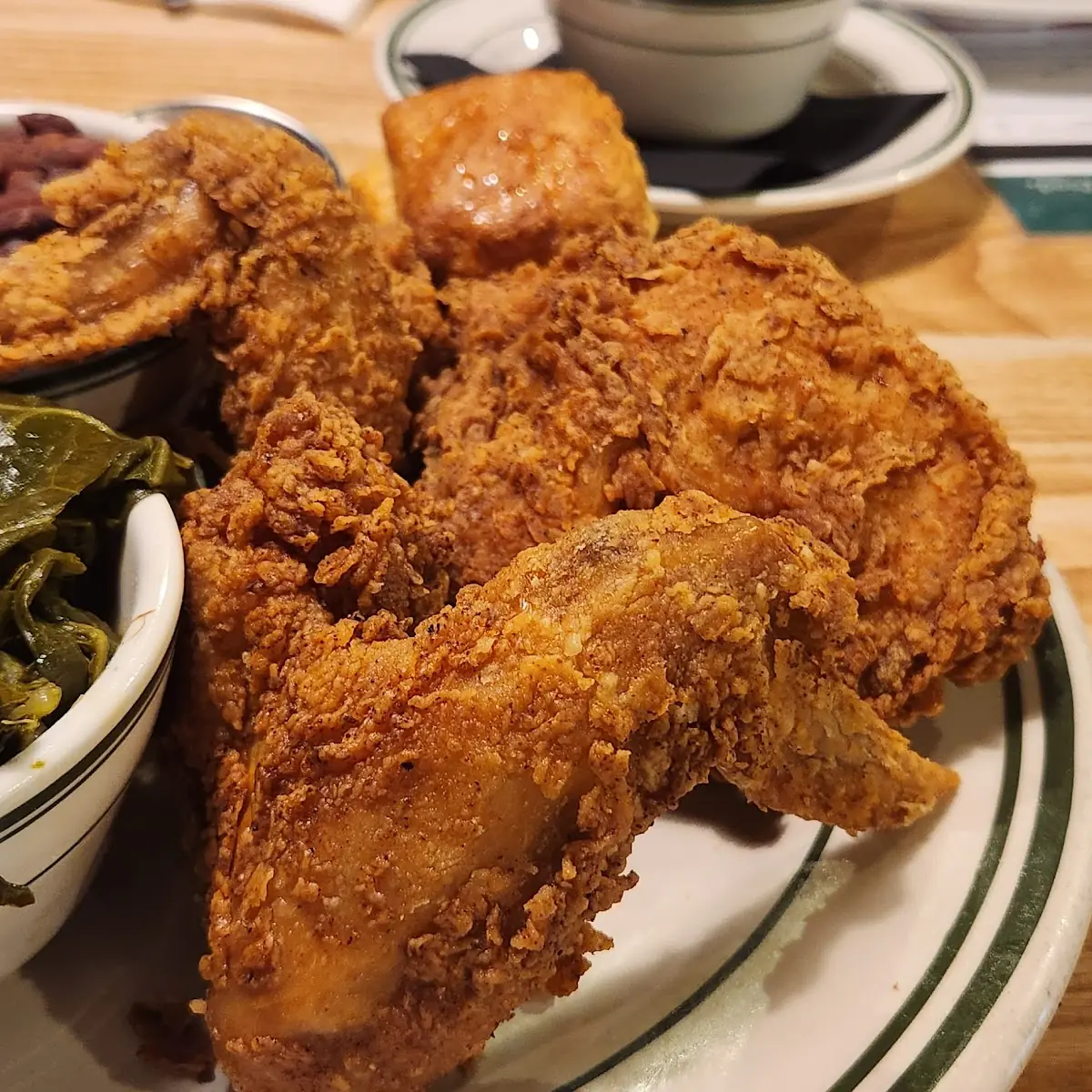 Fried Chicken Dinner with Red Beans and Rice Collards as the Side
