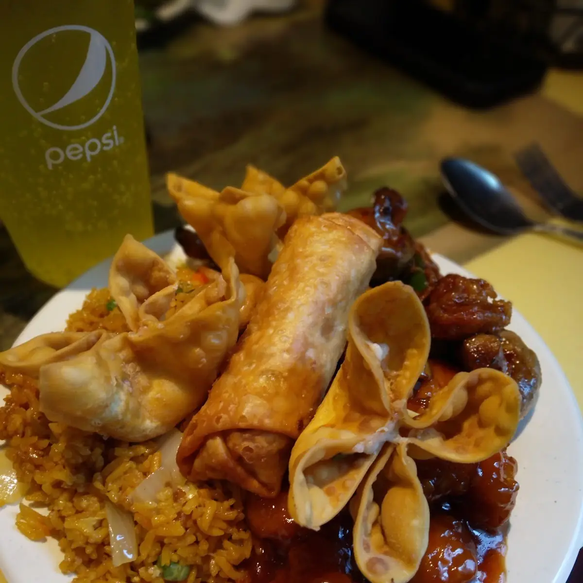 Crab Rangoons General TSO's Chicken Egg Roll Pork Fried Rice and Beef Mushrooms