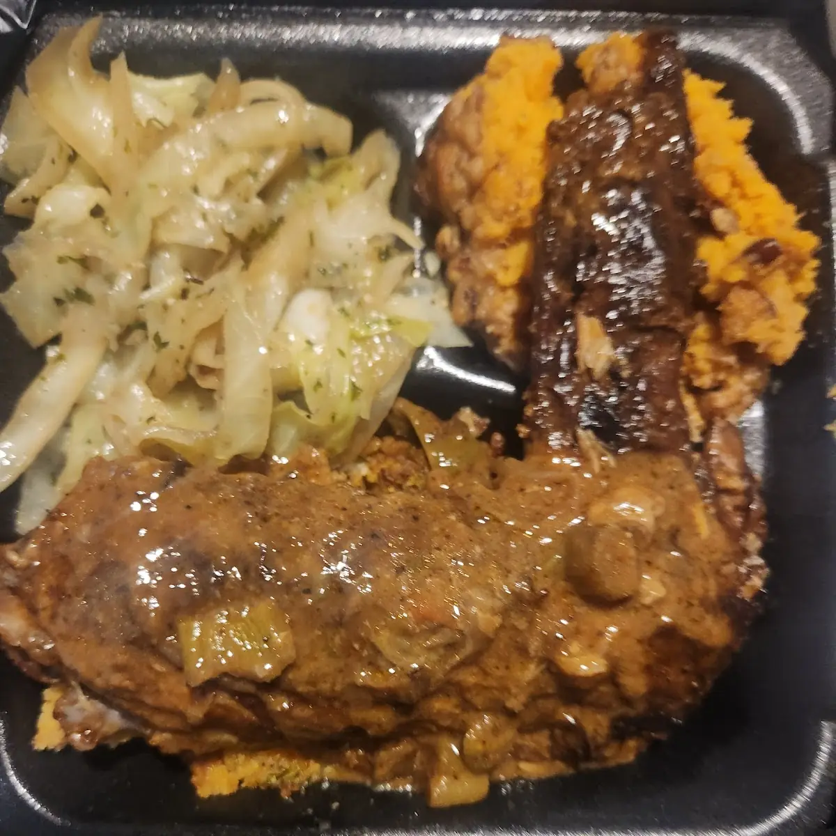 Turkey Wing Cornbread Stuffing Cabbage and Sweet Potato