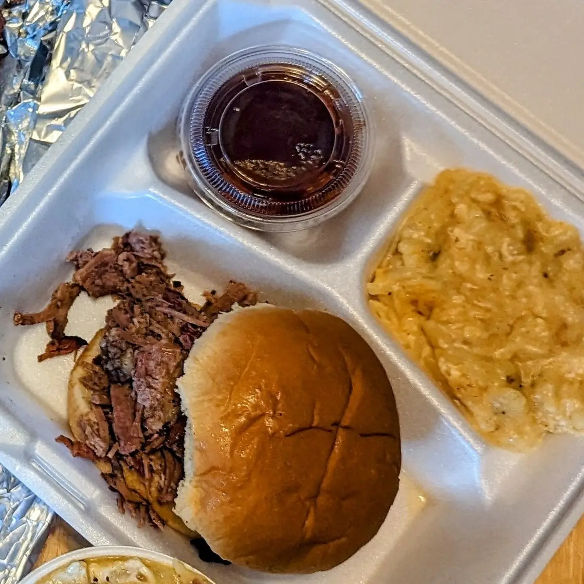 Brisket Sandwich and Cheesy Potatoes