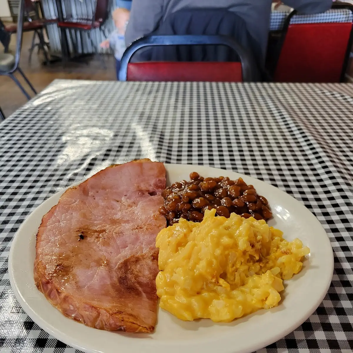 Ham Steak Cheesy Potatoes Baked Beans