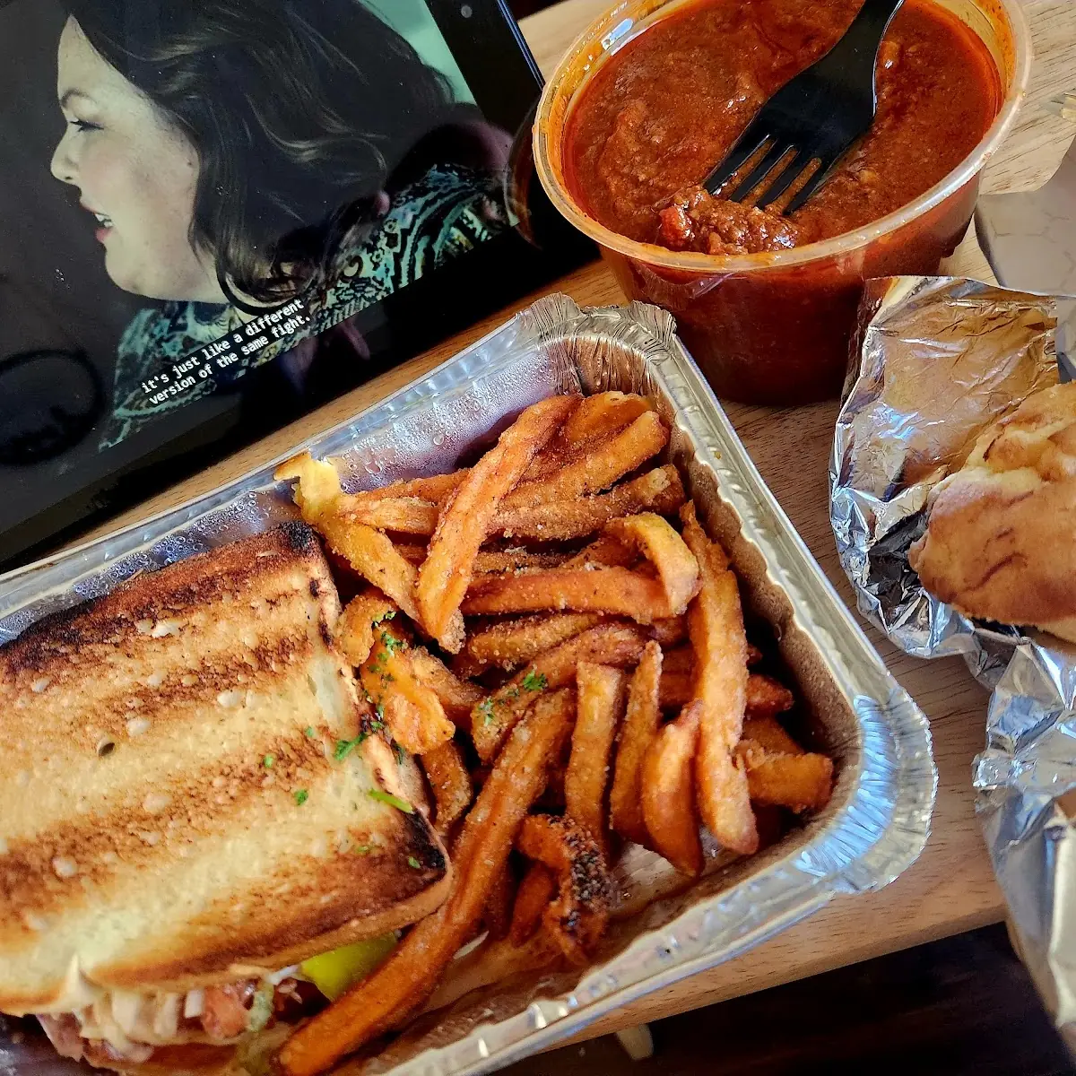 Blueberry Cheddar Cornbread Pulled Chicken on Texas Toast Smoked Chilling Sweet Potato Fries