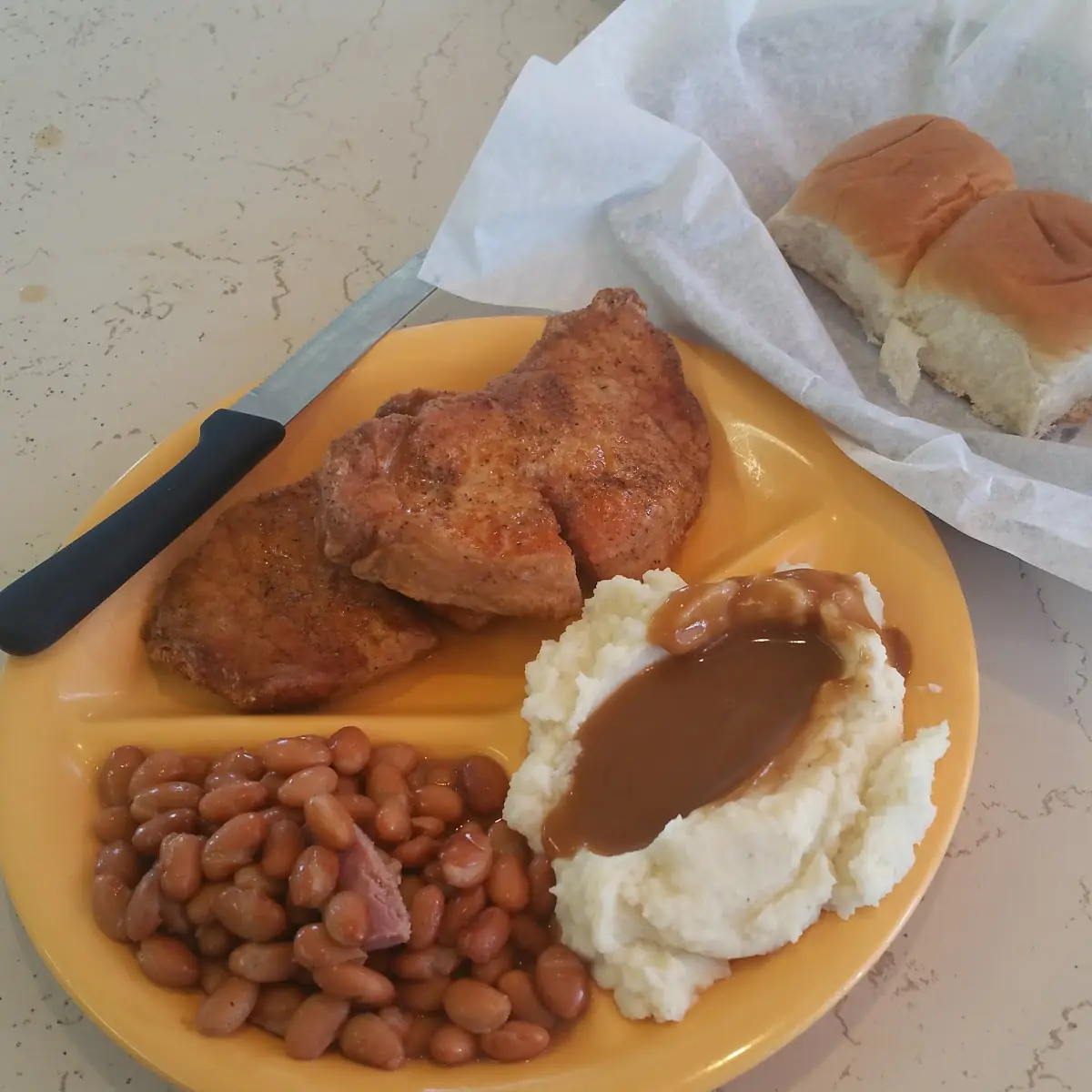 Grilled Pork Chops Pinto Beans Mashed Potatoes & Gravy