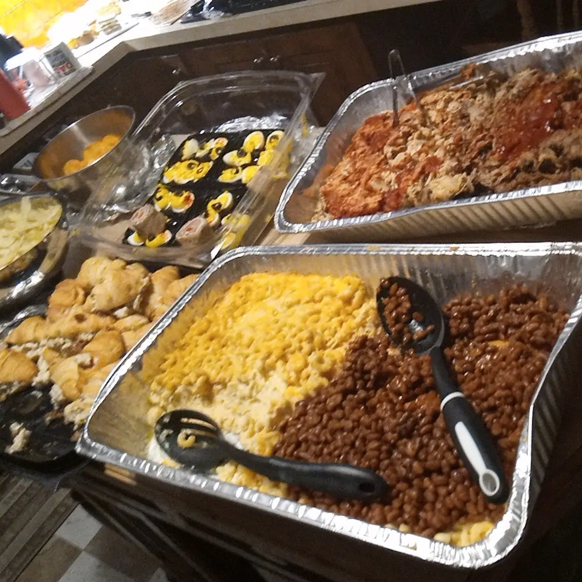 Burnt Ends Pulled Pork Macaroni and Cheese Cheesy Potatoes and Cornbread