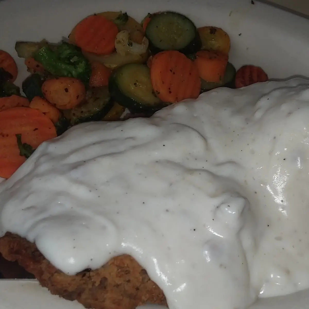 Small Chicken Fried Steak Mashed Potatoes and Grilled Egtables