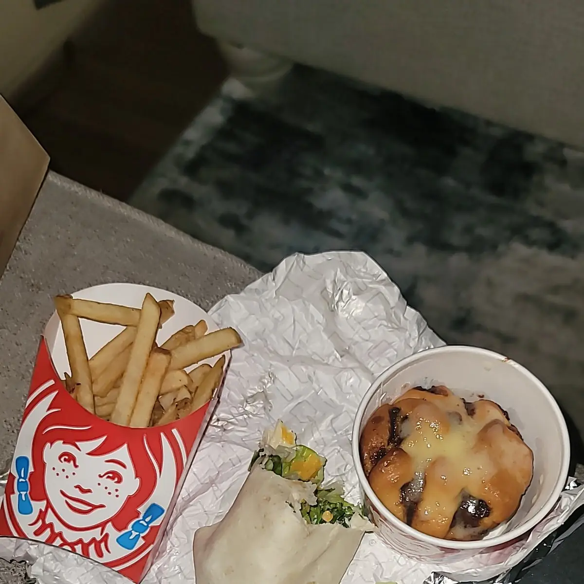 Grilled Chicken Wrap Cinnabon Pull-Apart and Fries