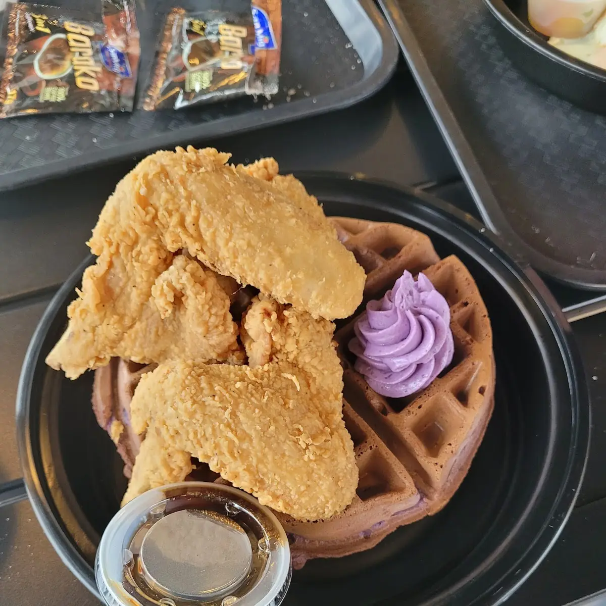 Ube Waffles with Chicken Wings