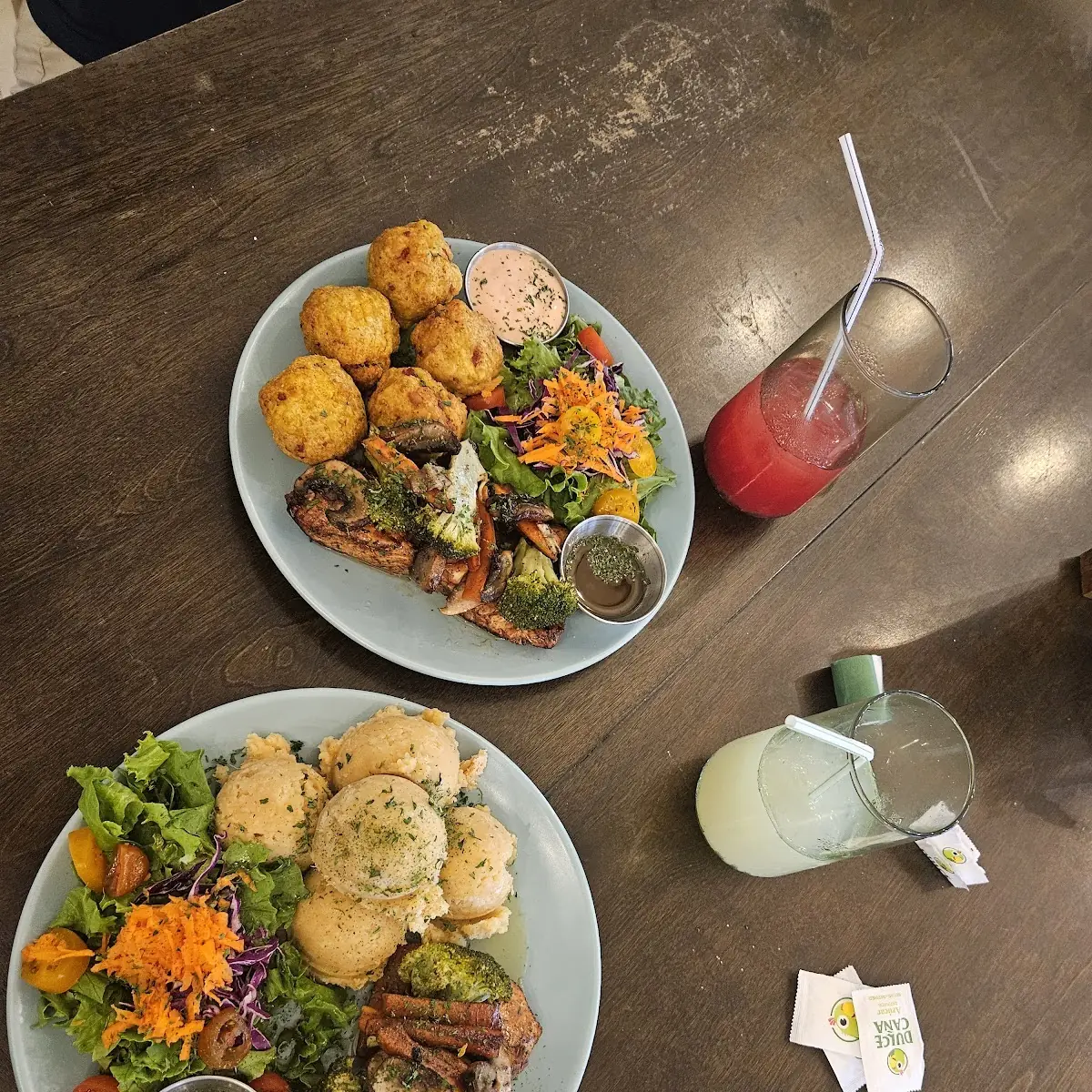 Salmon with Vegetables and Mashed Potatoes and Salmon Vegetables and Rolls of Mofongo