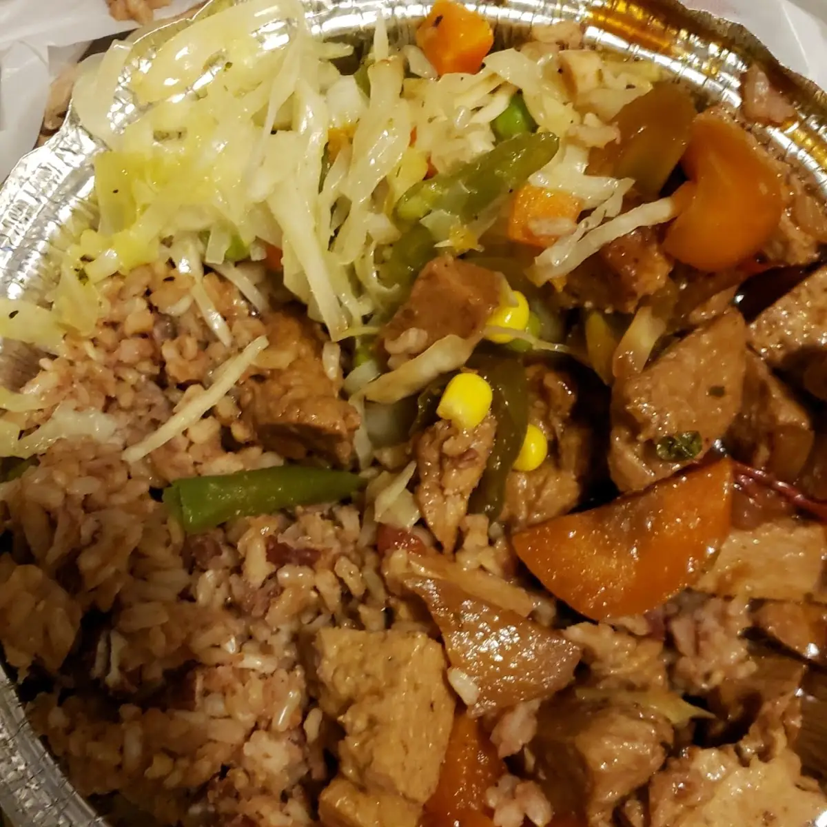 Stew Chicken with Rice and Peas with Cabbage
