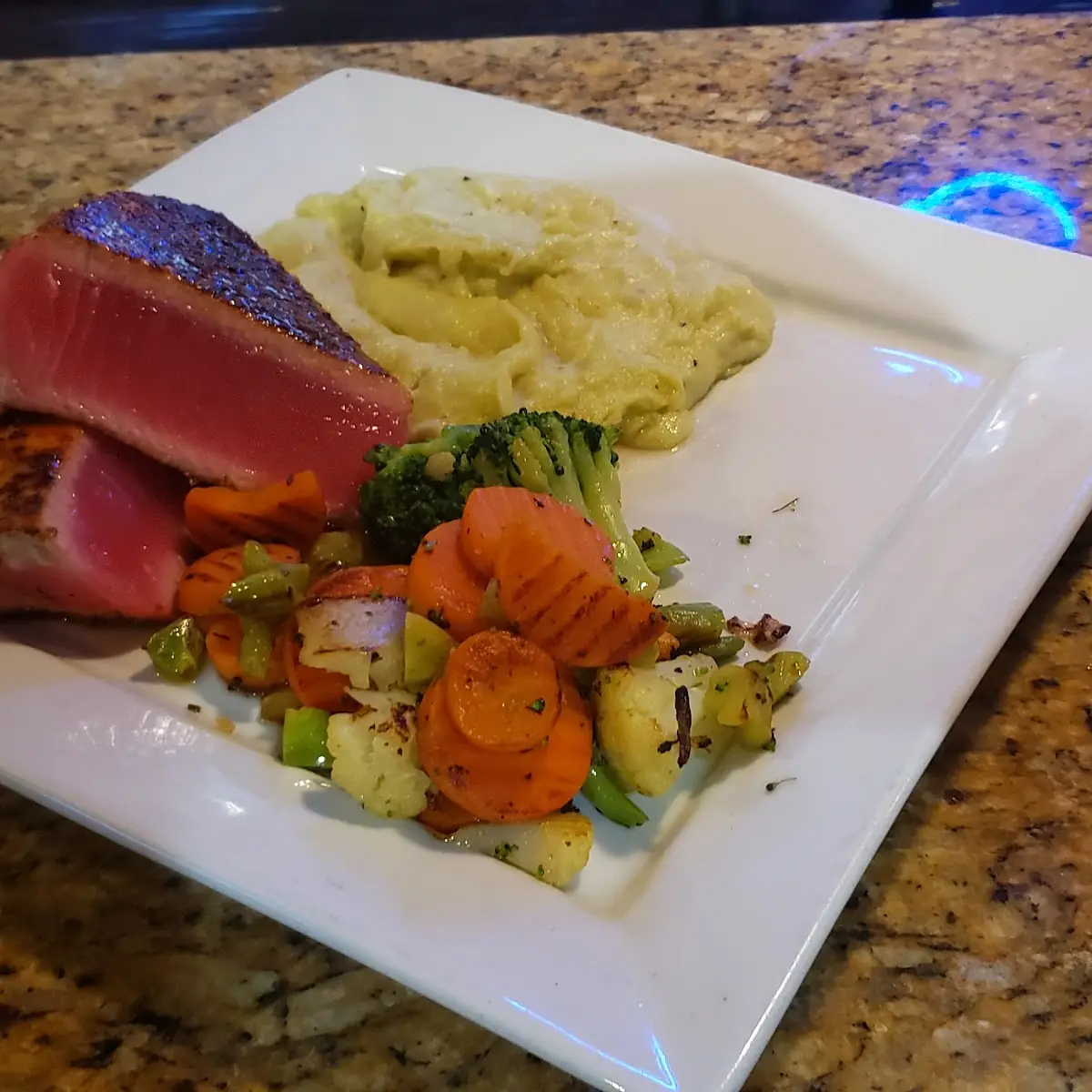 Blackened Tuna with Coconut Glaze Wasabi Mashed Potatoes and Mixed Vegetables Pittsburgh Style Tuna