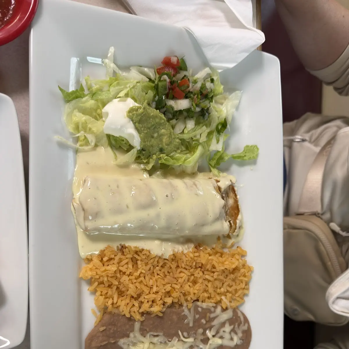 Tamal Beef Enchilada Beans and Rice