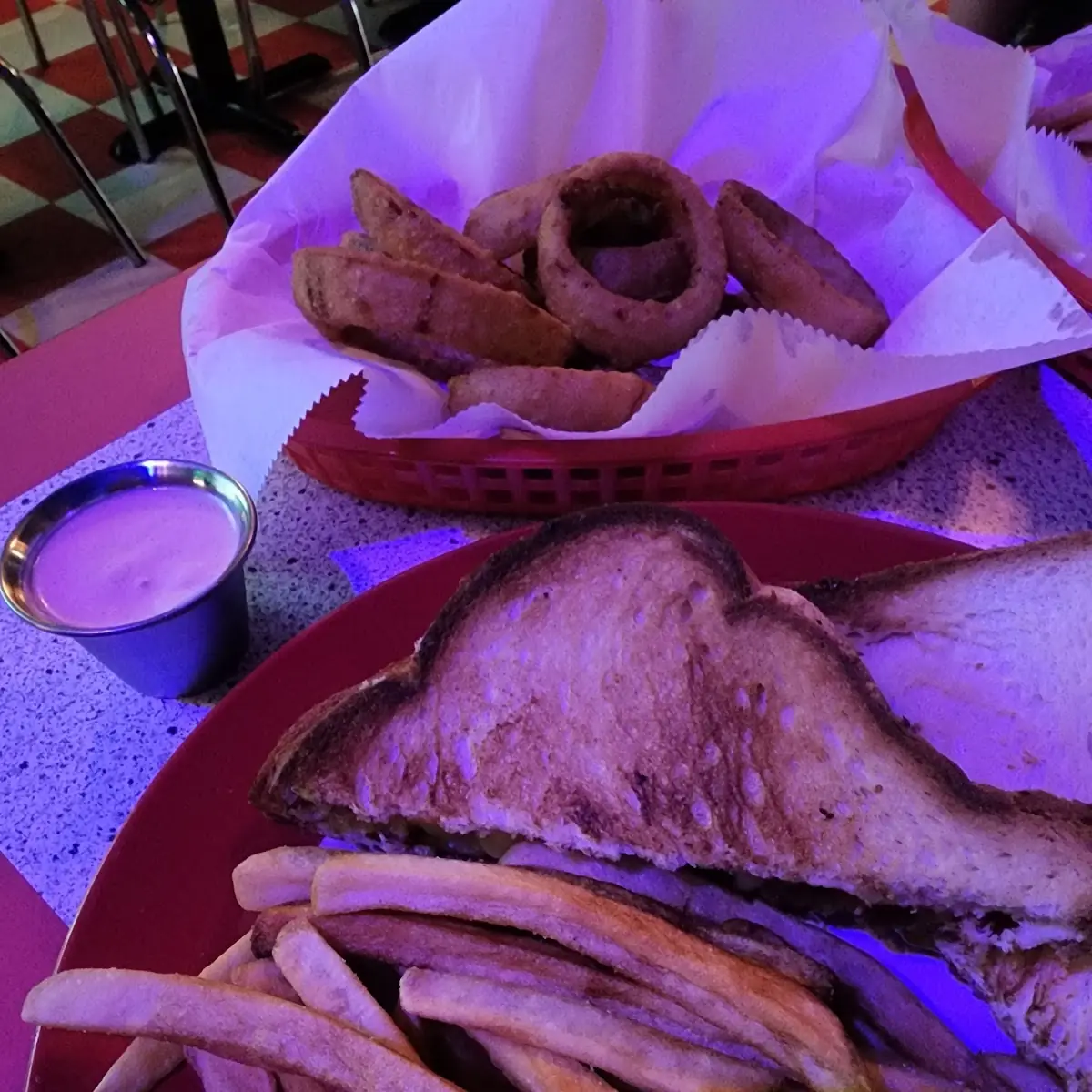 Grilled Cheese Fries and Onion Rings