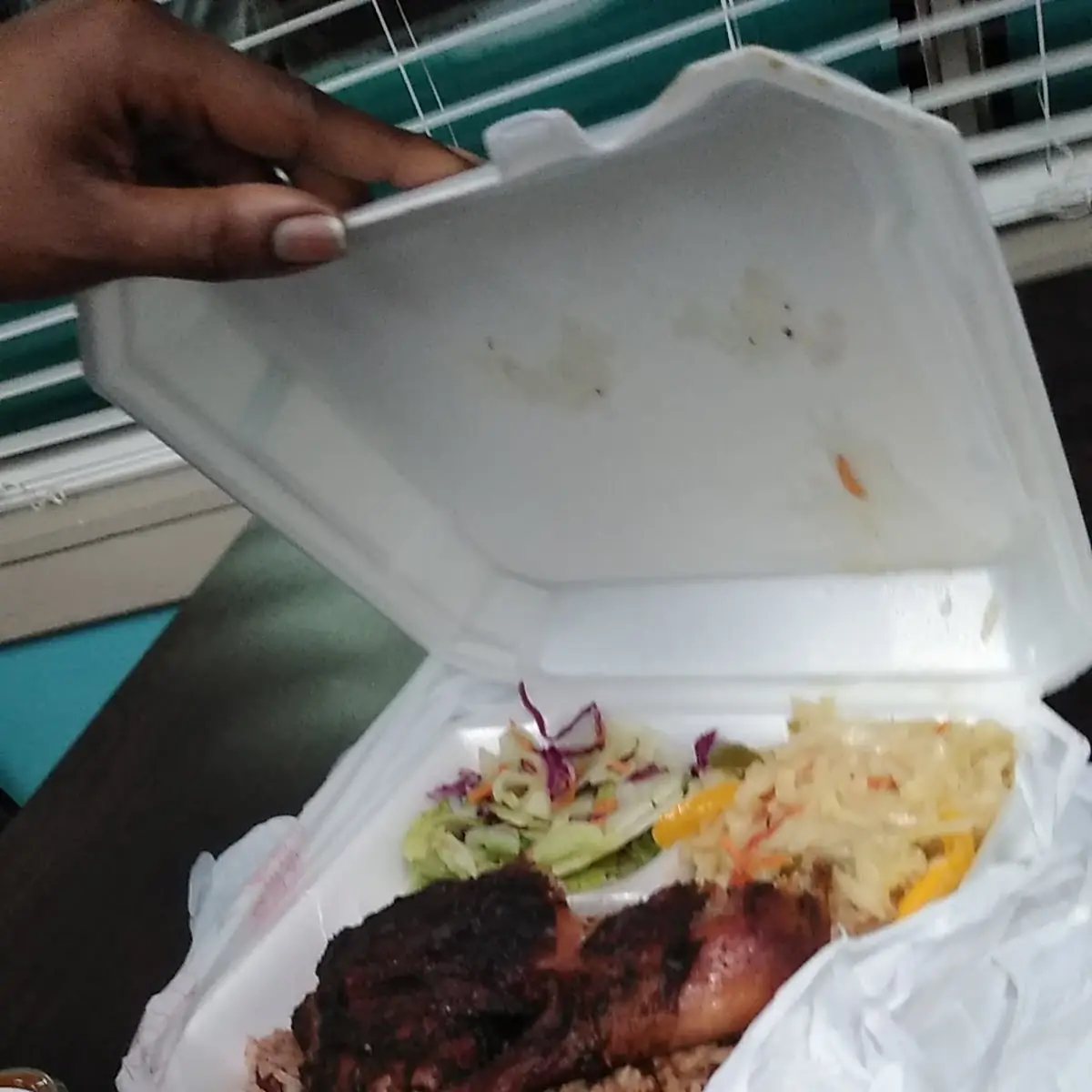 Jerk Chicken with Rice Cabbage and Salad