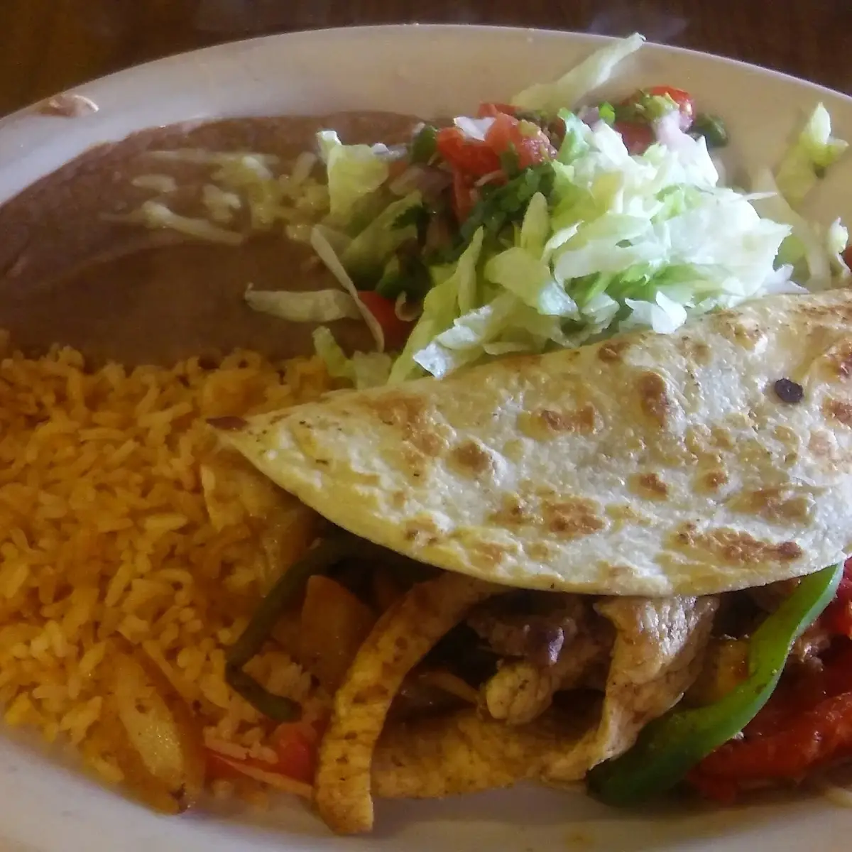 Chicken Quesadilla with Refried Beans and Rice