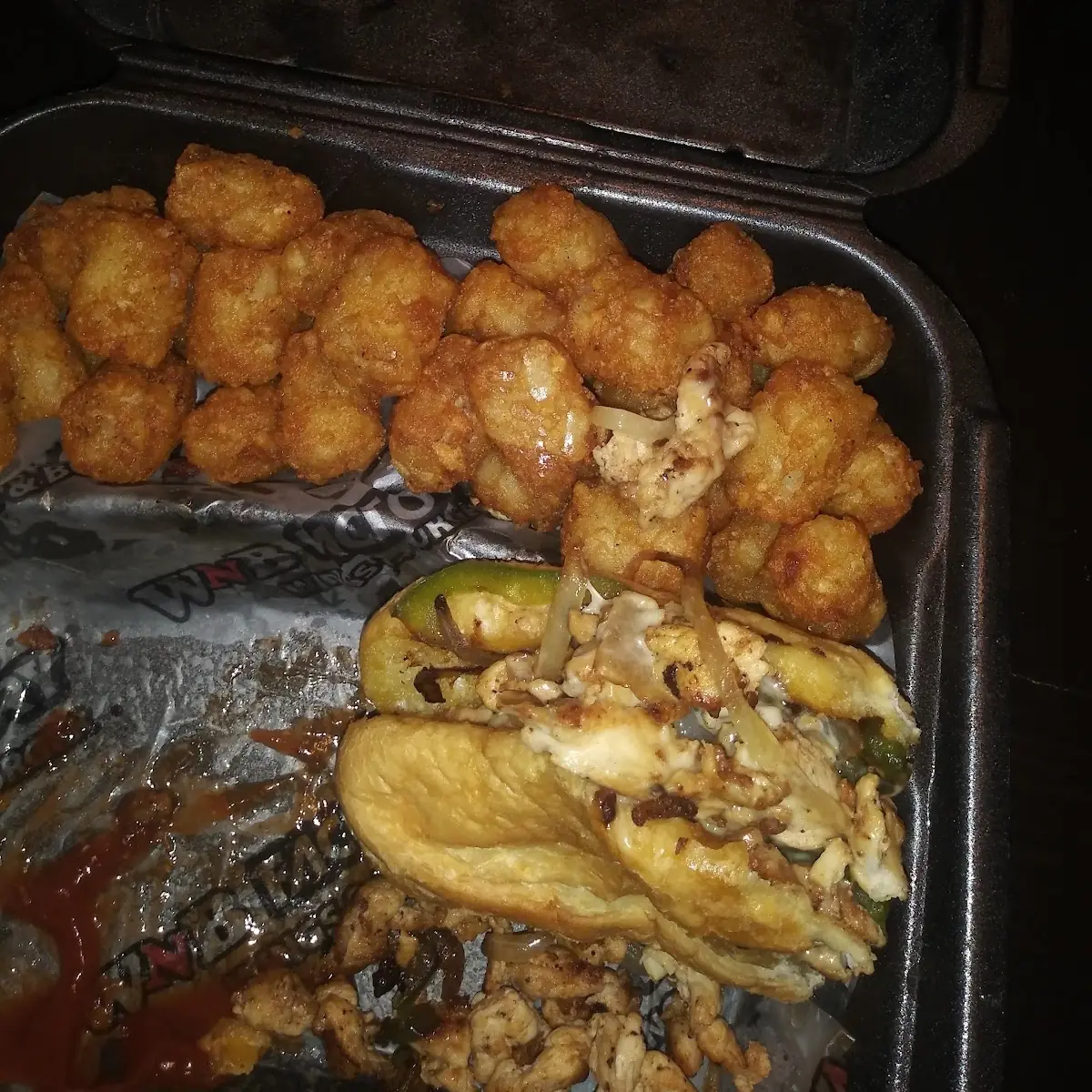 Chicken Cheesesteak Sandwich with Tots