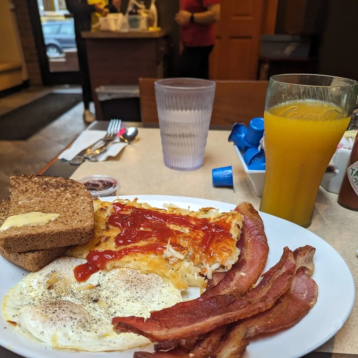 Bacon Eggs Hash Browns and Toast