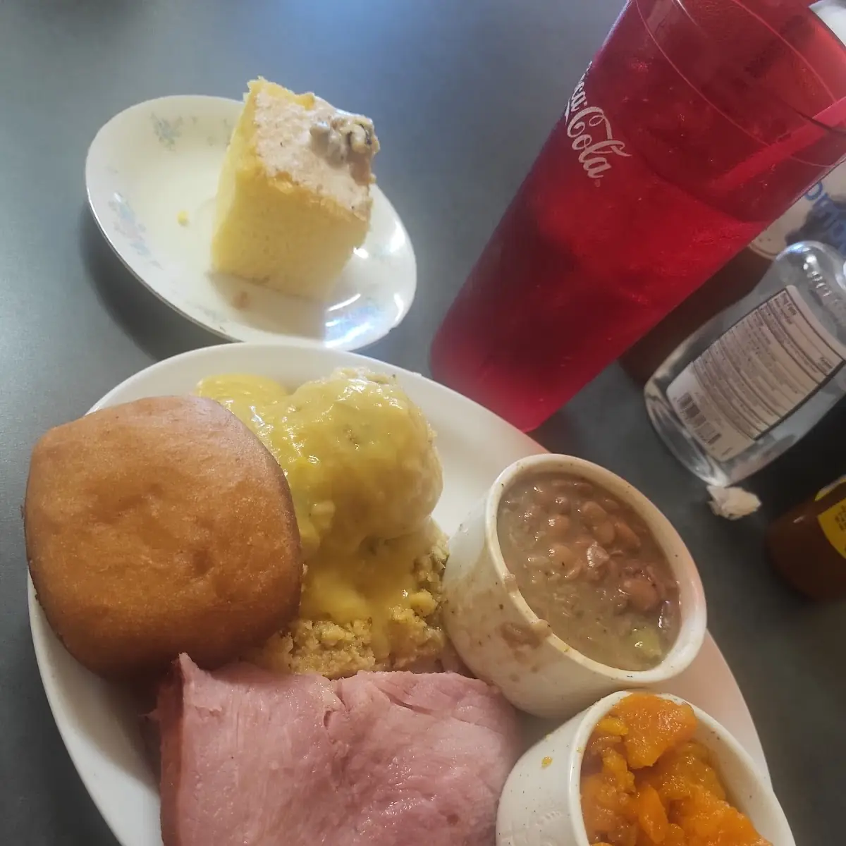 Cornbread Dressing Glazed Ham Beans and Yams