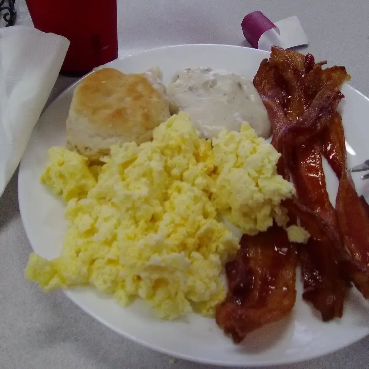 Three Eggs 2 Sausage 2 Bacon Ham Potato and 1 2 Biscuits & Gravy & Gravy Bacon Sausage or Ham