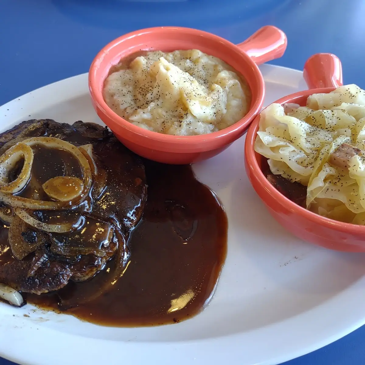 Hamburger Steak with Mash and Cabbage