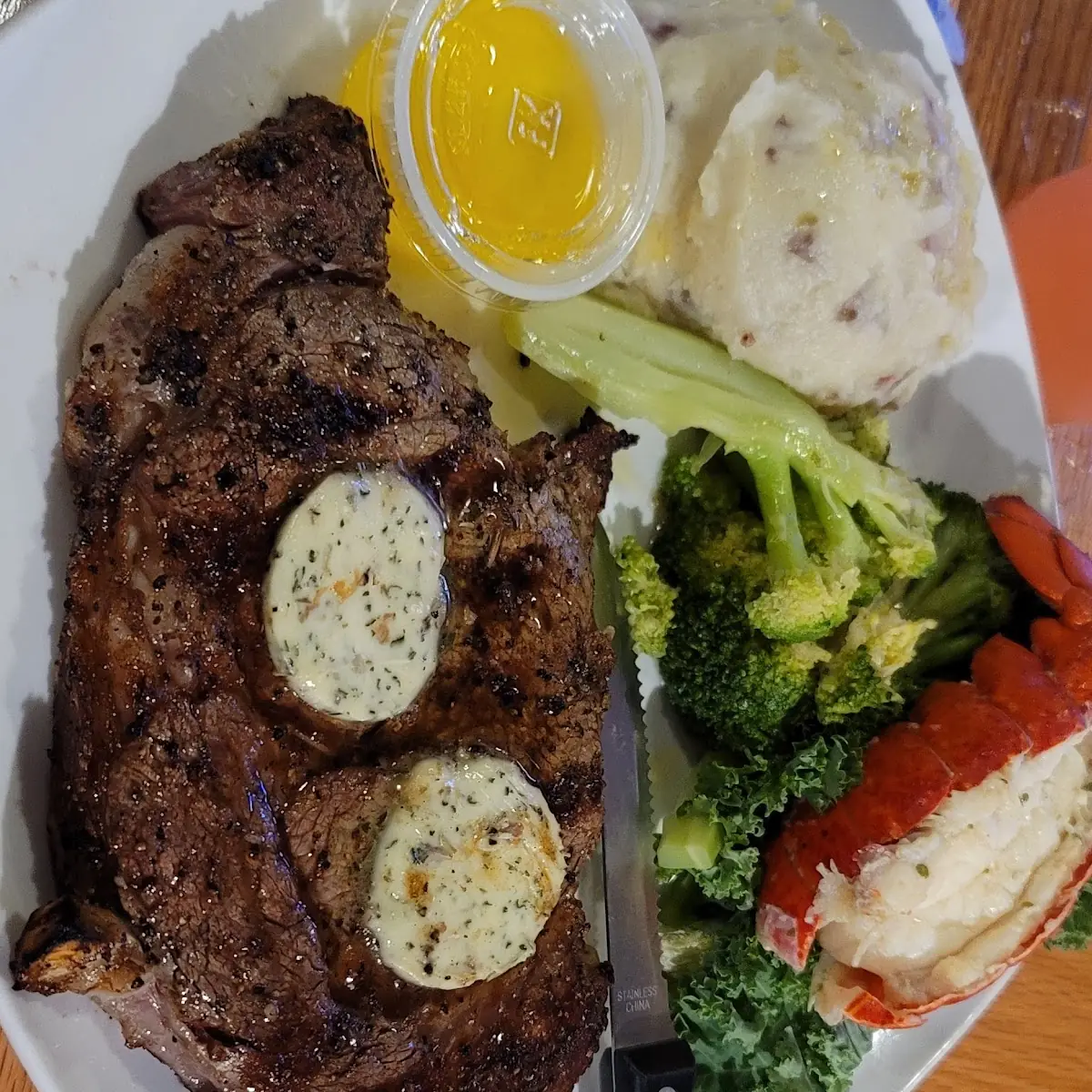 Ribeye Steak Garlic Mashed Potatoes with Lobster Tail