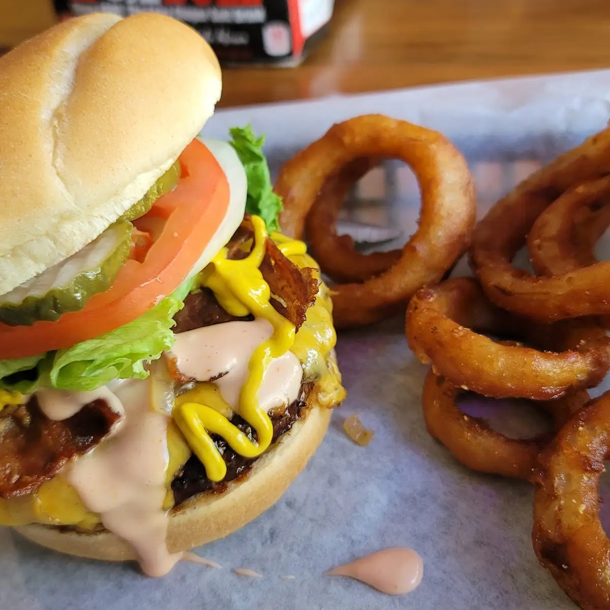 Burger Cheese Grilled Onions Bacon