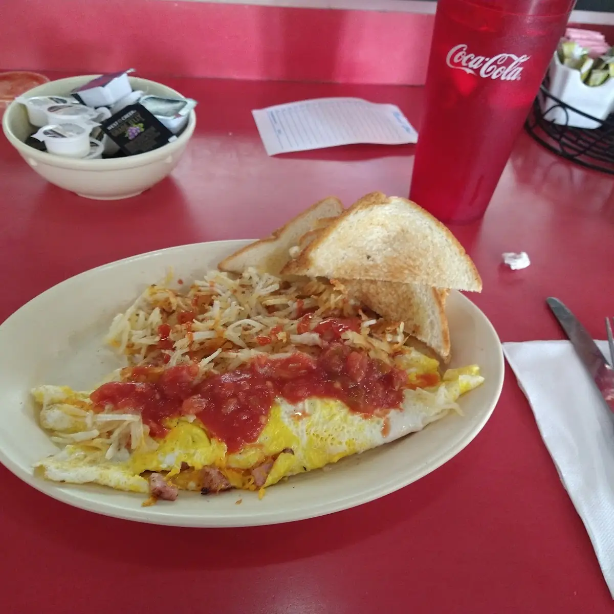 Ham and Cheese Omelette with Extra Crispy Hash Browns and Toast