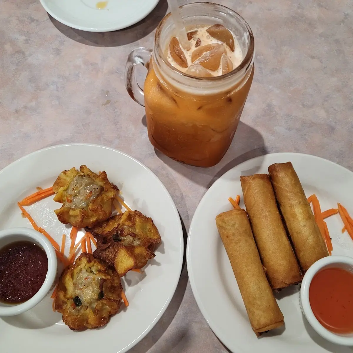 Dumplings Spring Rolls and Thai Tea