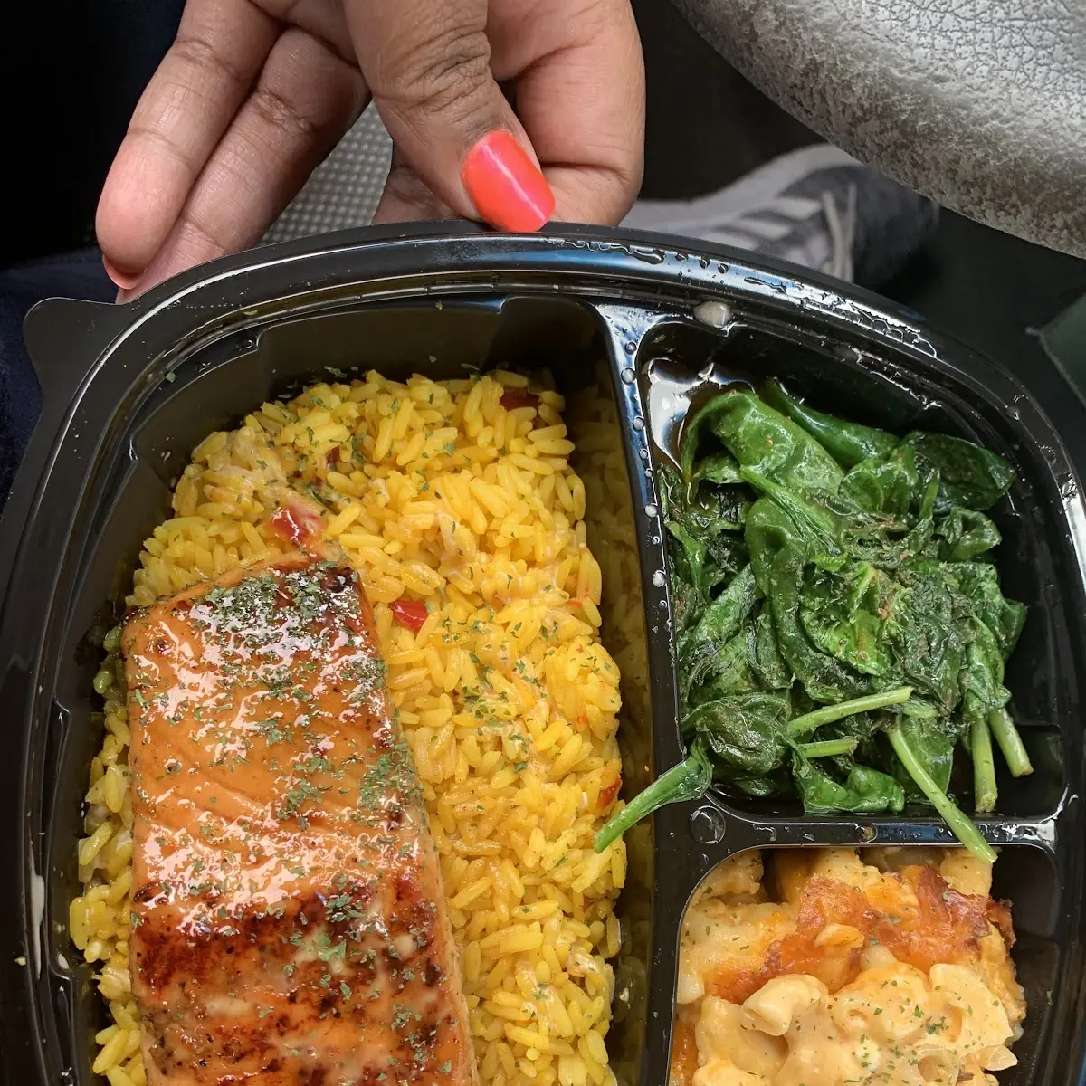 Salmon over Yellow Rice with 2 Sides