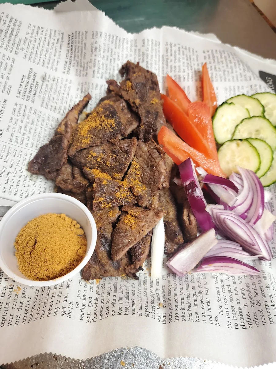 Garri ,Peanut,Sugar,Beef kebabsb