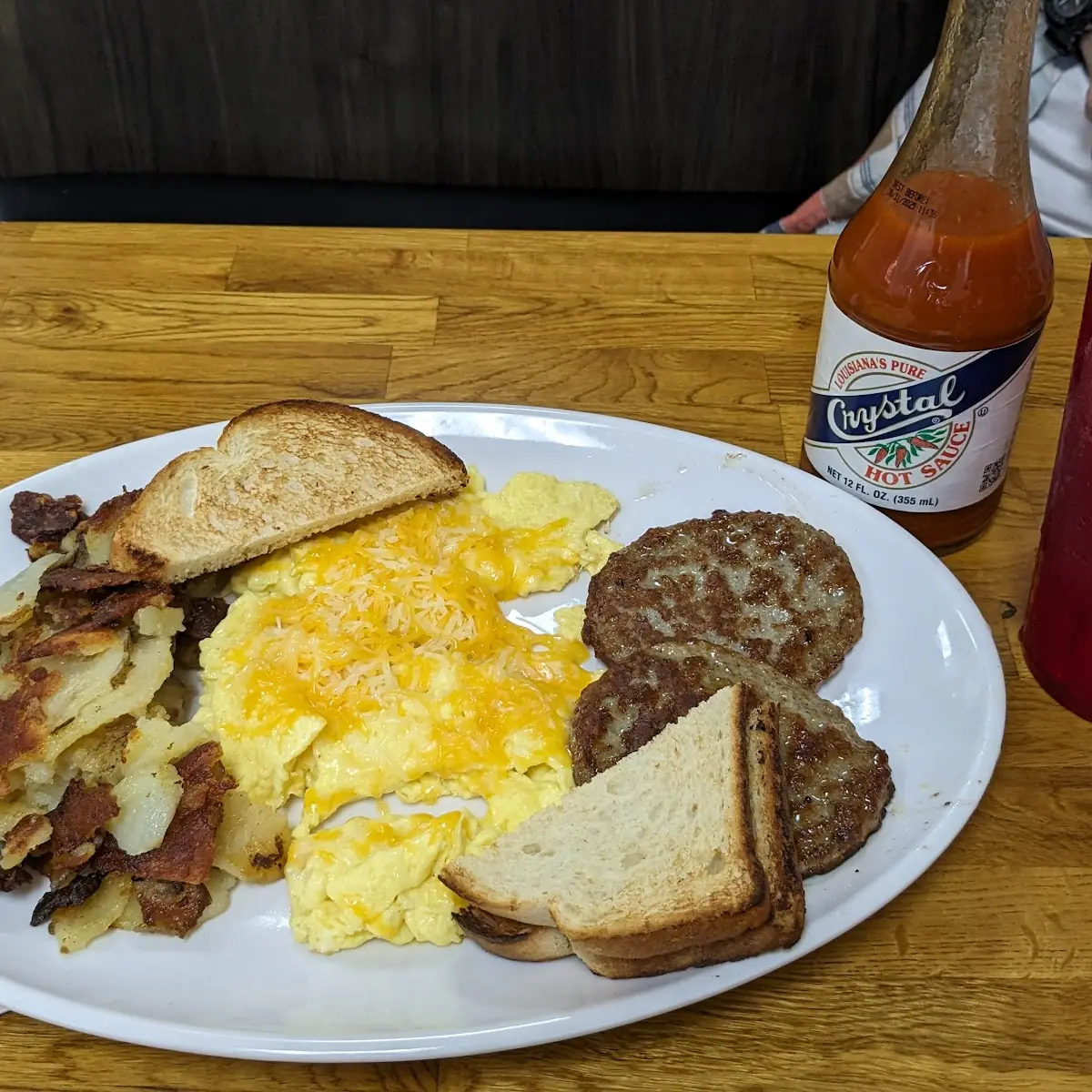 2 Eggs Scrambled with Sausage Homefries and White Toast