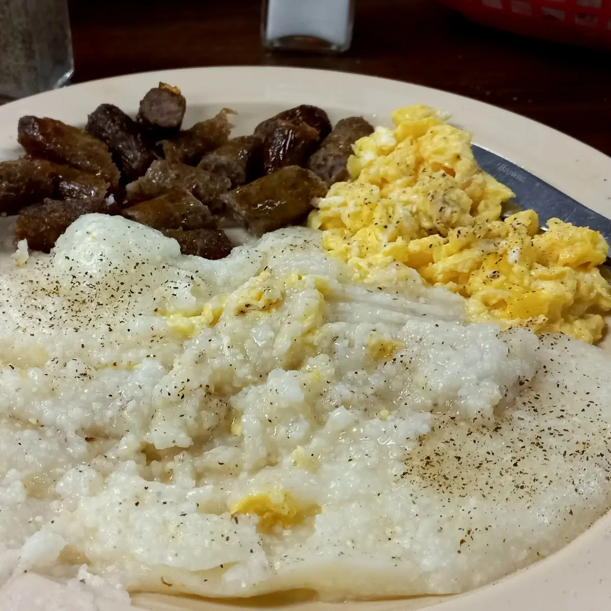 Grits with Sausage and Scrambled Eggs