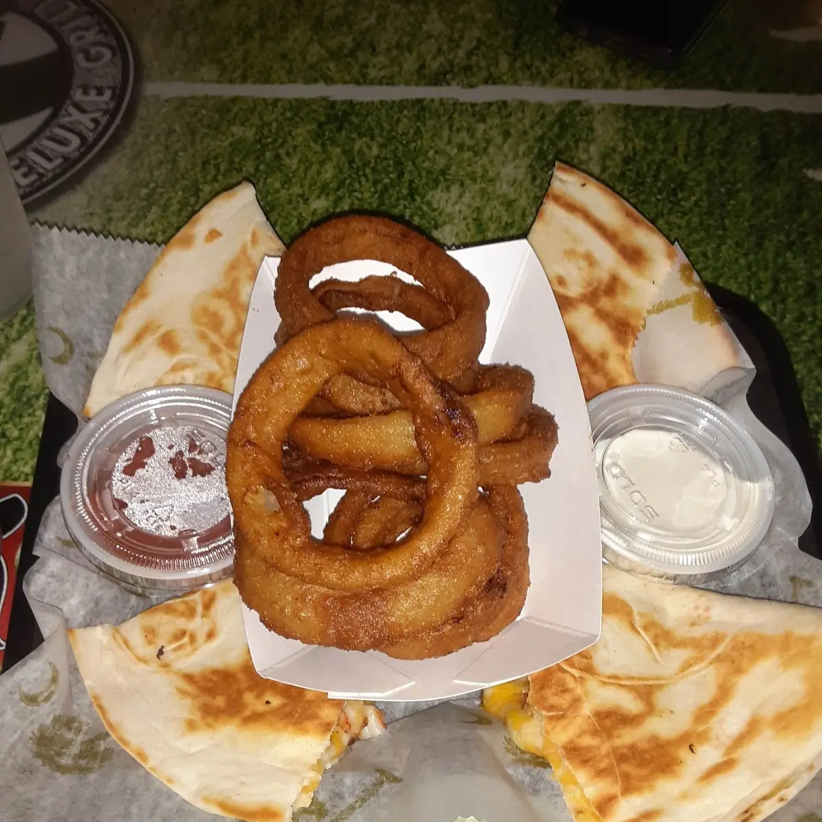 Shrimp Quesadilla and Onion Rings