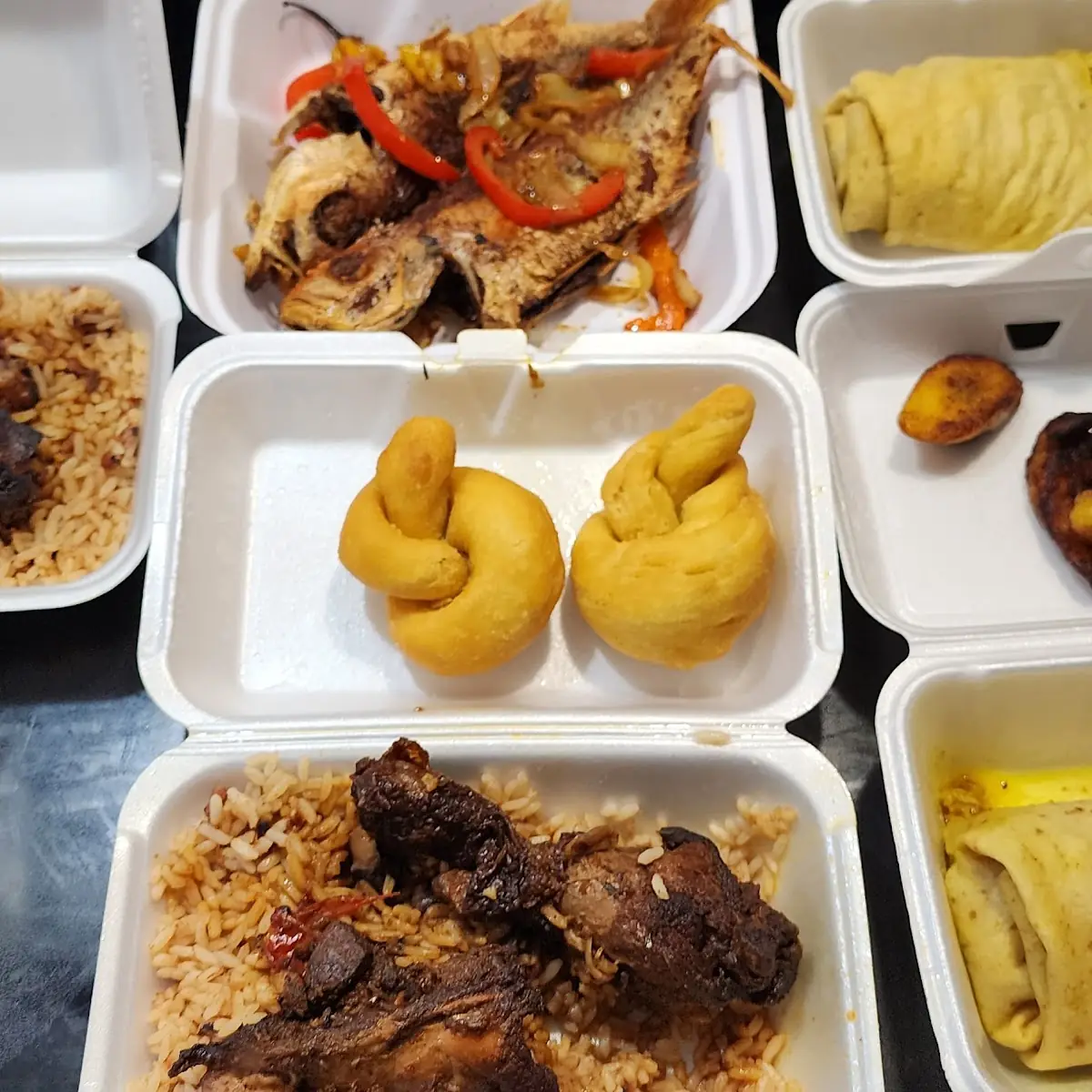 Curry Chicken Roti Curry Goat Roti Jerk Chicken Brown Stew Chicken Plantin Festival Fry Fish