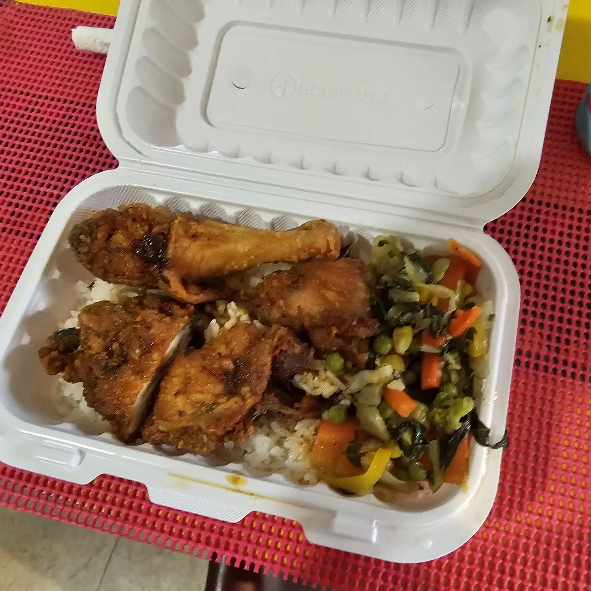Fried Chicken with White Rice and Vegetables