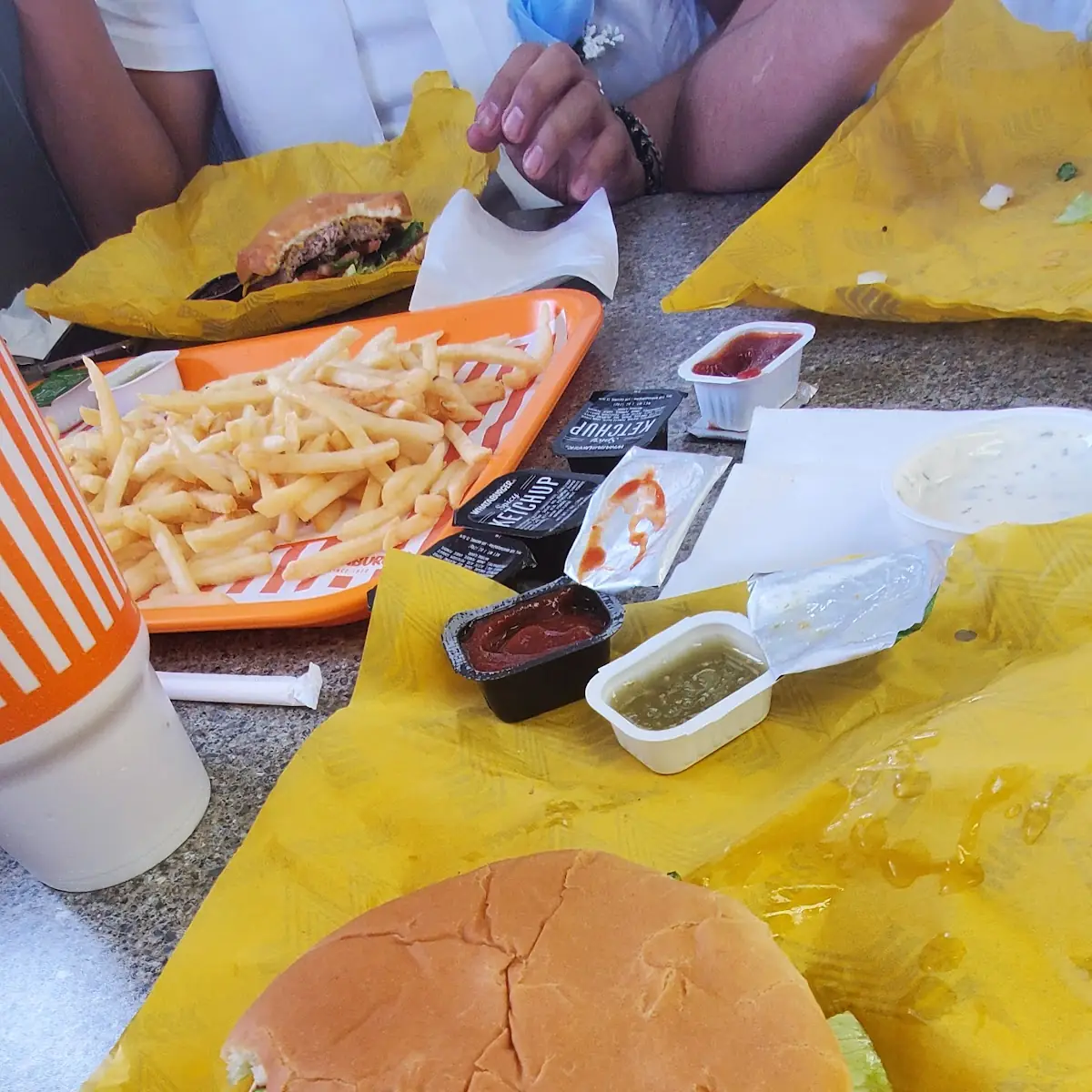 Single Burger Fries Spicy Ketchup Salsa Verde