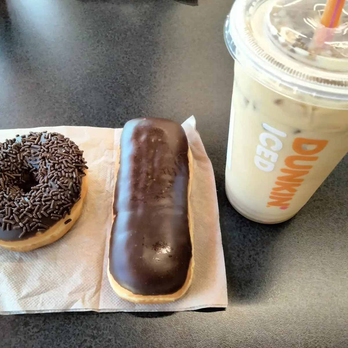 Chocolate Donuts w Chocolate Sprinkles Chocolate Long John and Caramel Iced Coffee