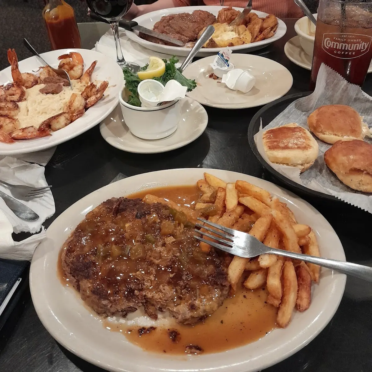 Cheeseburger Steak & Grilled Shrimp Alfredo