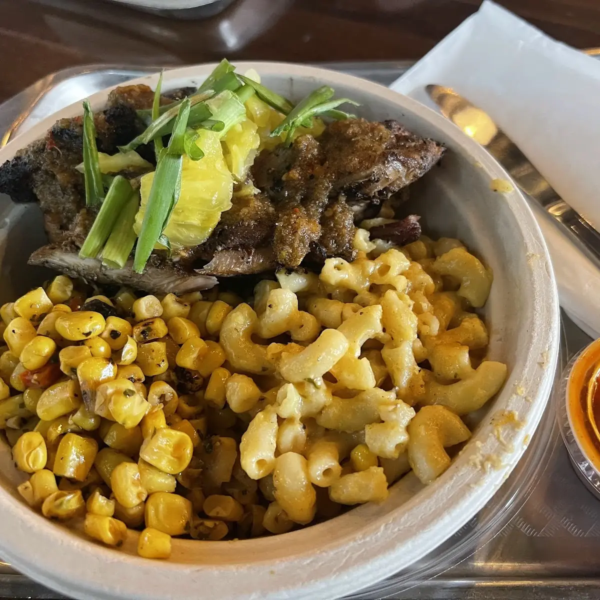 Mac and Cheese with Grilled Corn and Teriyaki Chicken