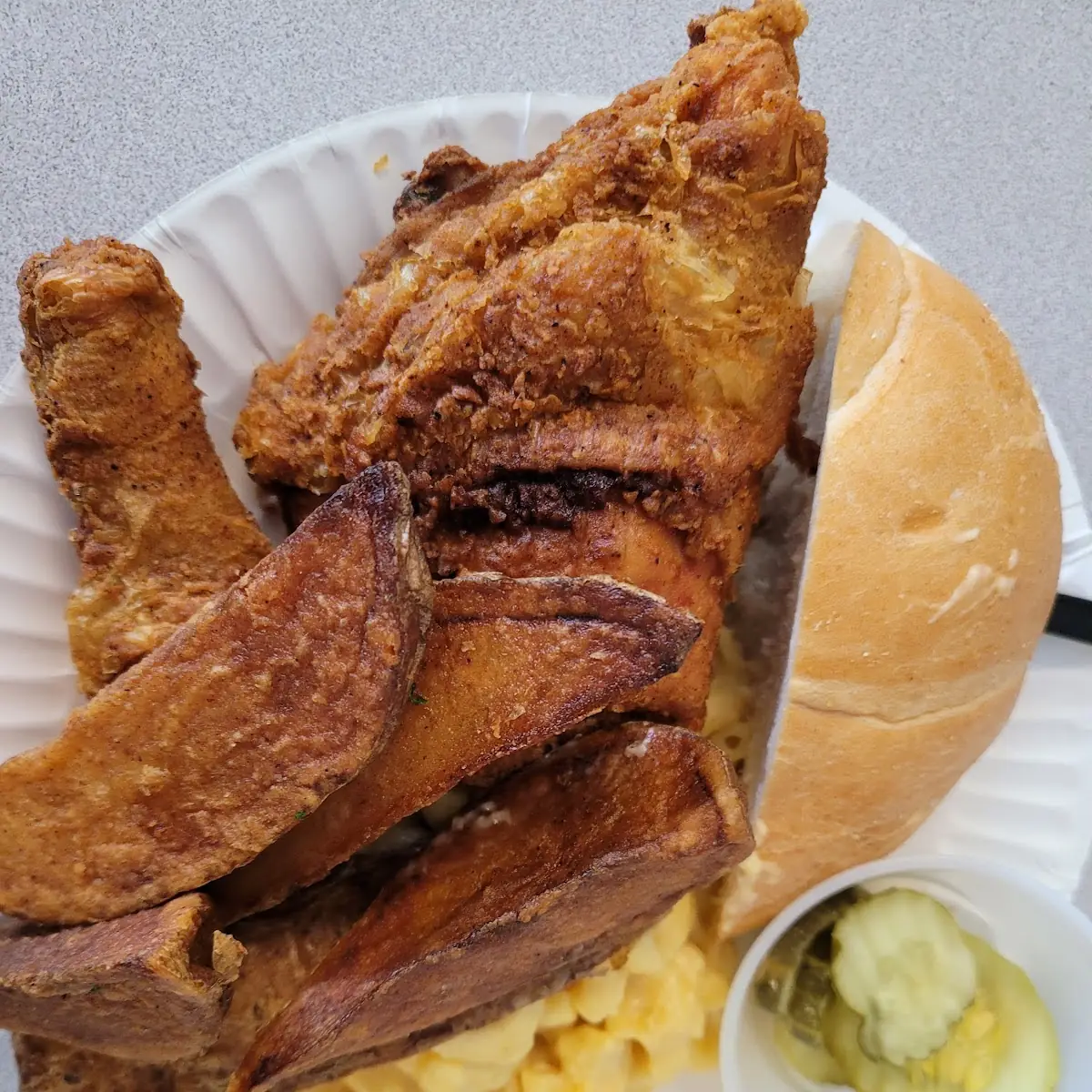 Pressure Fried Chicken Potato Logs and Mac and Cheese