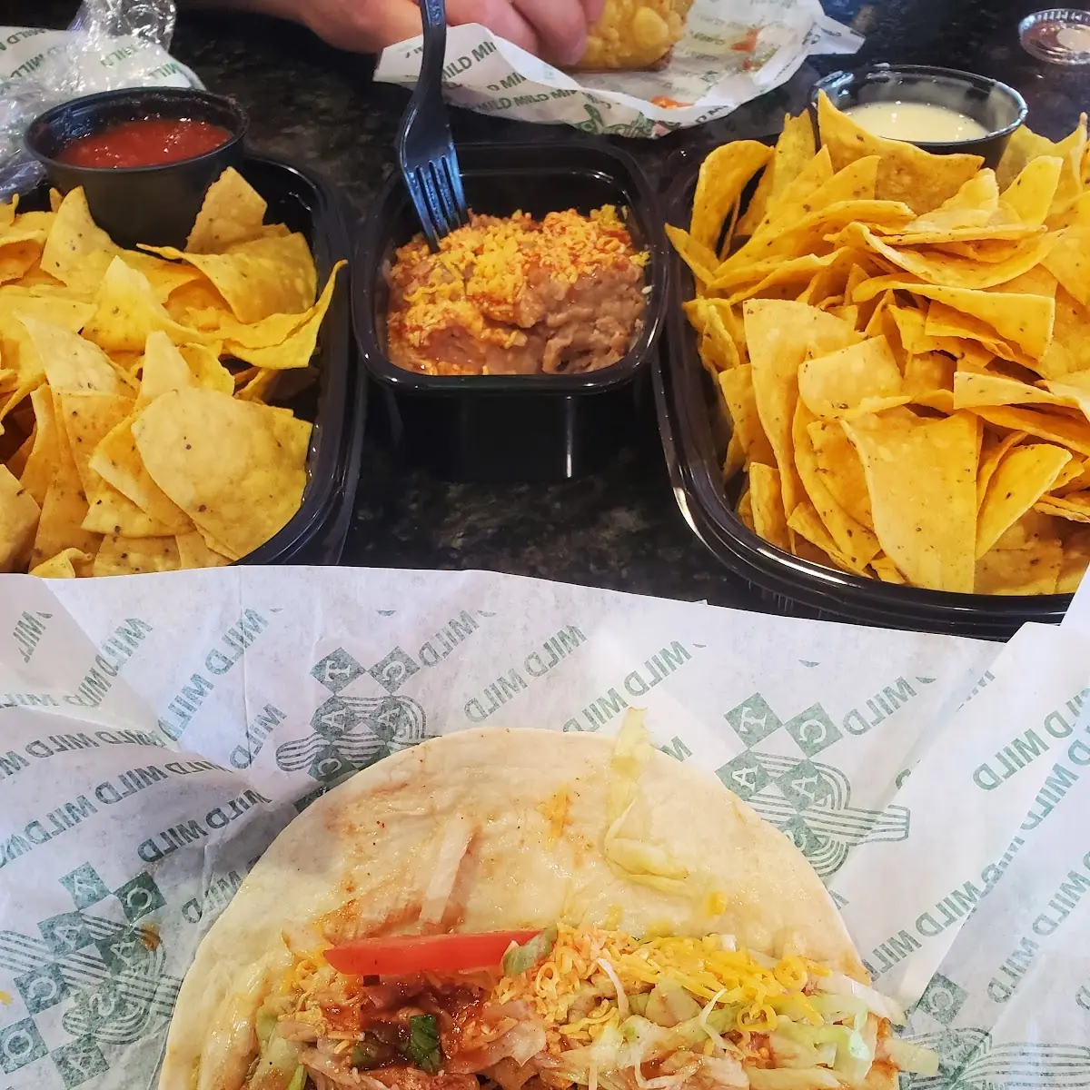 Chicken Taco and Chips with Salsa and Queso
