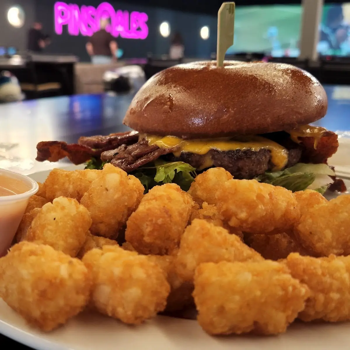 Cowboy Burger with Fried Egg and Tots