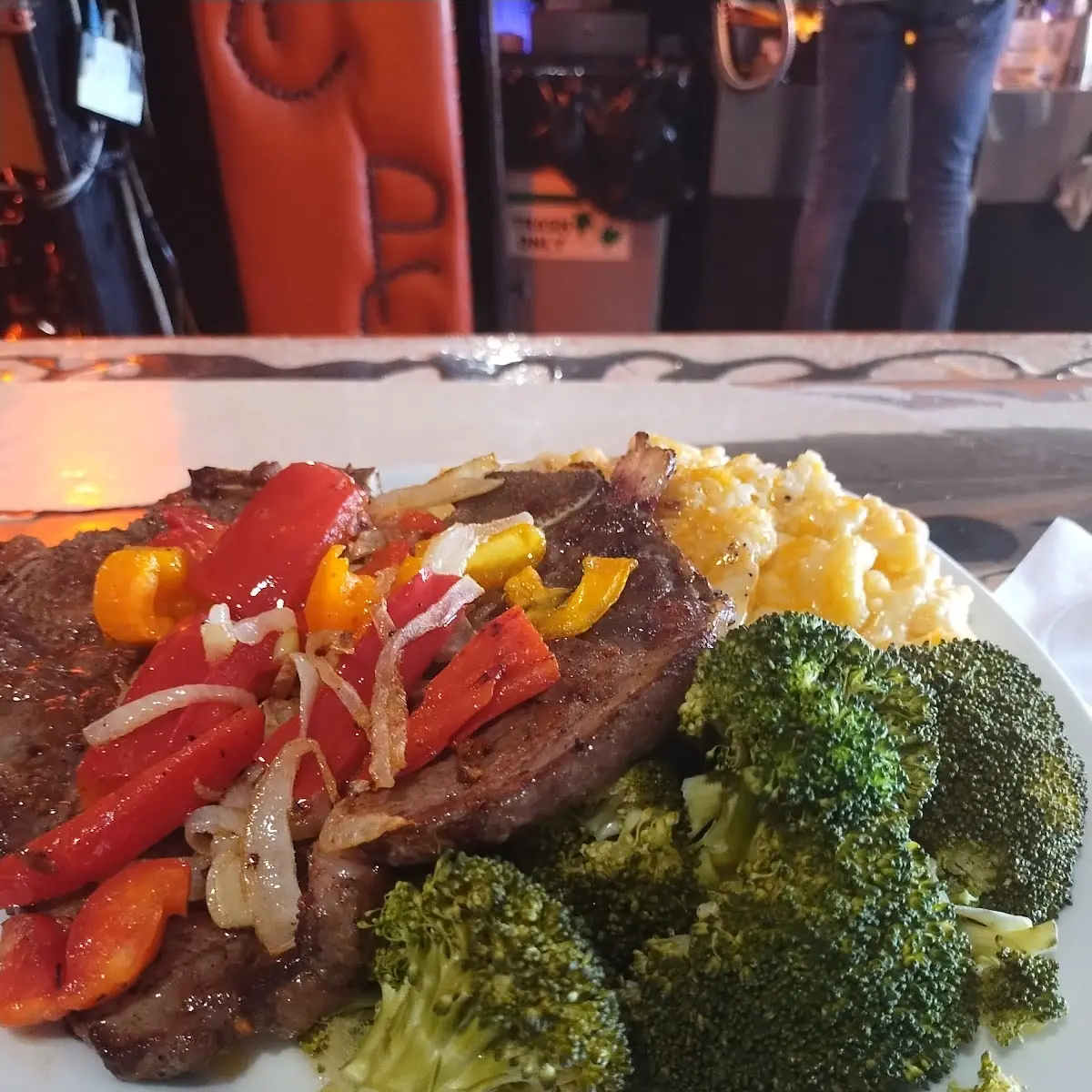 T Bone Steak Broccoli Mac N Cheese
